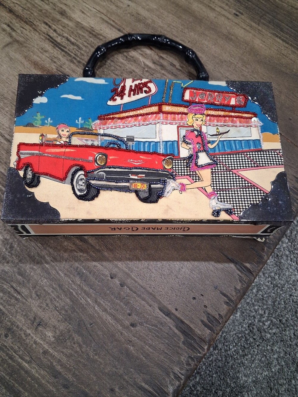 Vintage Choice Made Beaded Cigar Box Purse Featuring Retro 1950's Red Diner Car